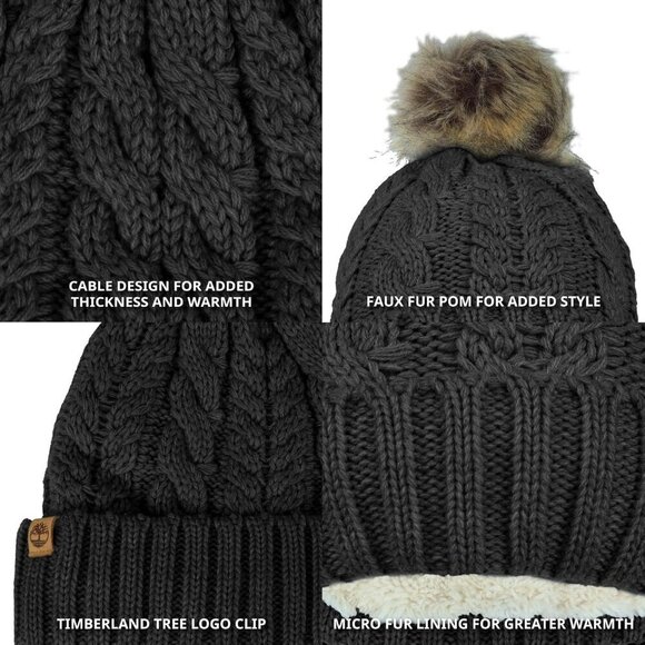 Women’s Cable Knit Faux Fur Pom Beanie Winter Hat Cozy Warm Stylish